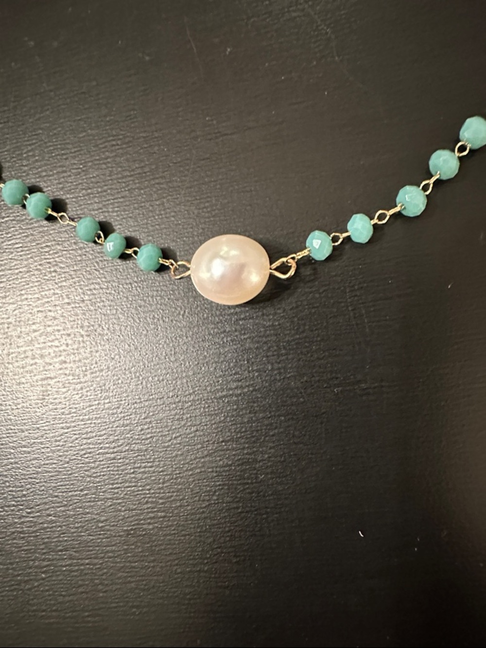 Gold Chain Necklace with Turquoise Beads and Single Pearl